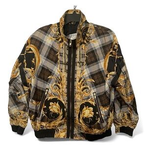 Vtg 90’s Gallery Sport Baroque Mens Bomber Jacket M Gold Scroll Plaid Streetwear